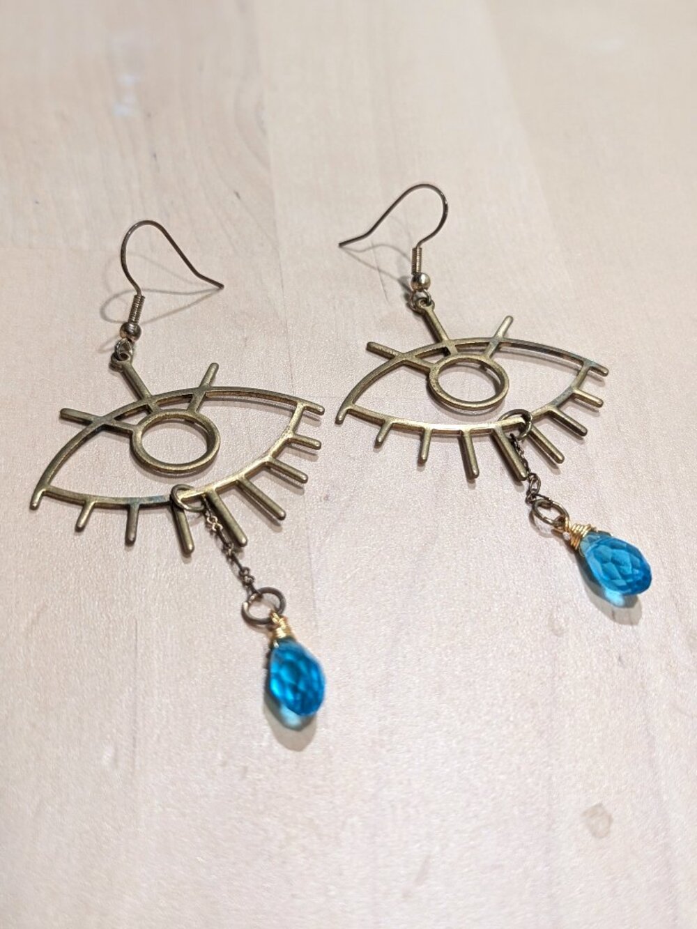 Handmade Brass Evil Eye Blue Teardrop Statement Earrings